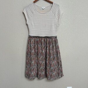 Weston Wear Anthropologie Cream Black Feather Print Fit & Flare Dress Women’s L